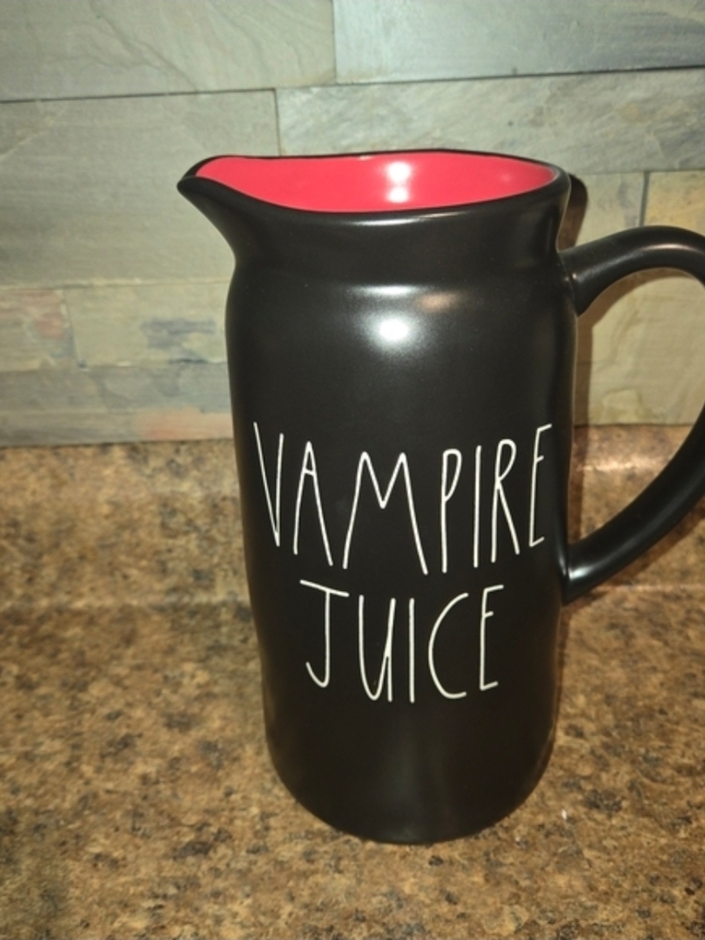Rae Dunn Matte Black Pitcher with Red Interior - VAMPIRE JUICE
